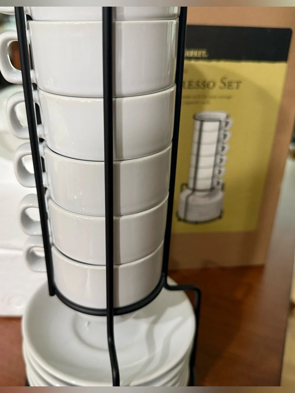 In Box World Market Espresso 6 Mug and 6 Saucer Set Chrome Stackable Rack